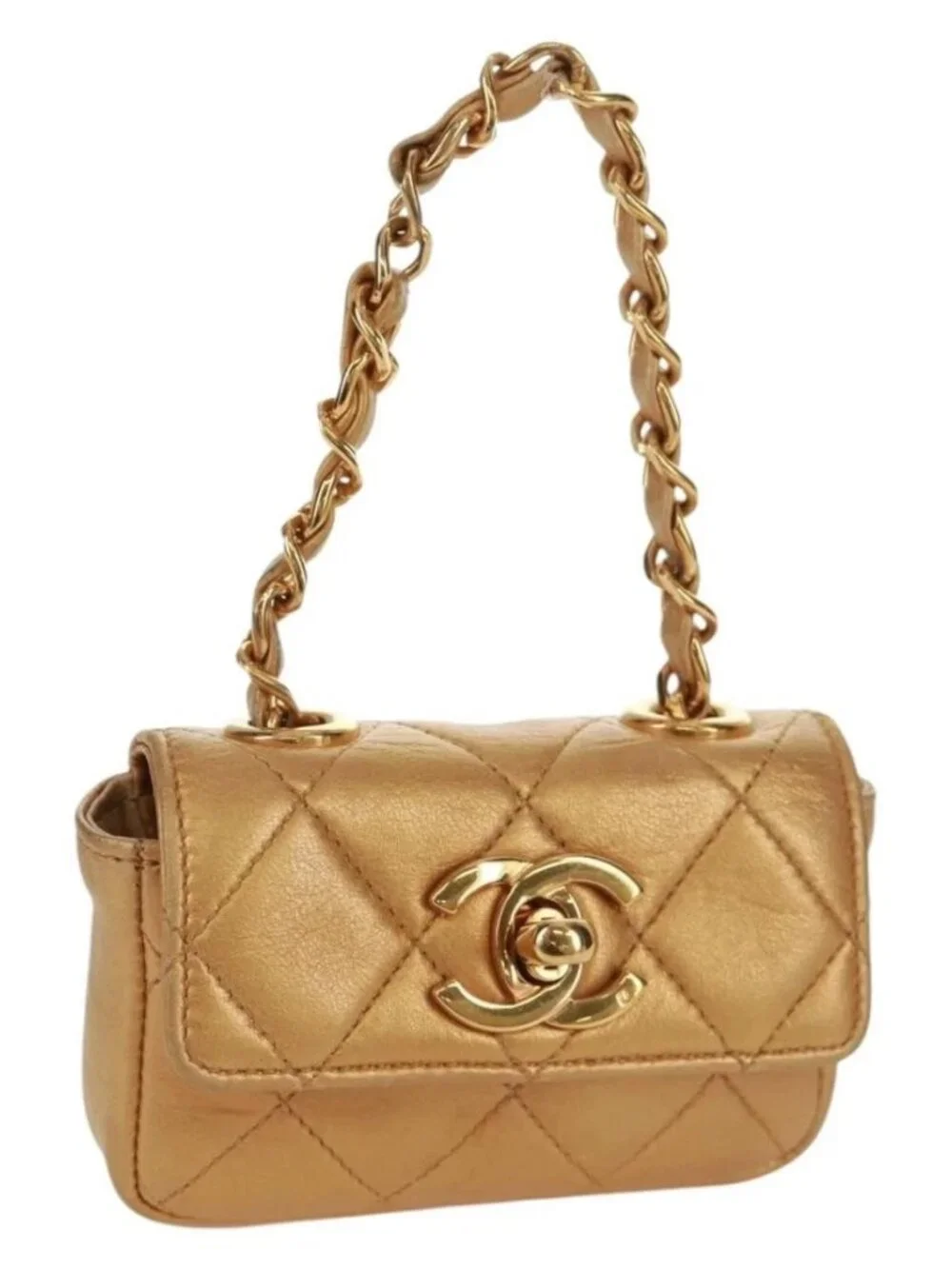 CHANEL Mini Matelasse 10 Chain Handle Pouch Lamb Skin Gold CC Auth 165375V